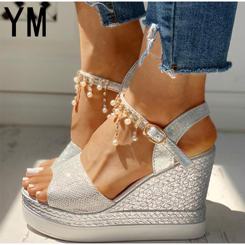 2020 New Women Wedge Sandals Summer Bead Studded Detail Platform Sandals Buckle Strap Peep Toe Thick Bottom Casual Shoes Ladies