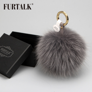 FURTALK real fox fur keychain pom pom black white pink fur pompom keychain for car bag women girls Winter Accessories