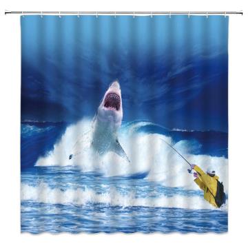 Fishing Shower Curtain Ocean Sea Animal Creative Boy Fishing Shark Rod Simple Blue Yellow Bathroom Curtains Decor Polyester