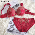 Luxury Gold Embroidery Underwear Set Women Bras A B C Cup Fashion Push Up Bra Sets Red Sexy Lingerie Lace Brassiere Cotton Thick