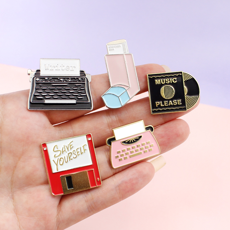 Personality Office Tools Brooch Shiny USB Memory Network Disk Music Record Fax Machine Printer Enamel Pin Coat Cap Badge Gifts