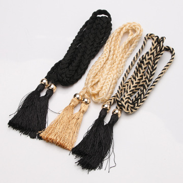 Elegant Fashion Solid Color Braided Tassel Belt Women New Boho Girls Thin Waist Rope Knit Belts For Dress Waistbands Accessories