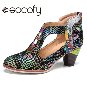 SOCOFY Women Leather Snakeskin Pumps Hollow Back Zip Mid Block Heel Pumps Casual Outdoor Party Dress Shoes Botas Mujer 2020