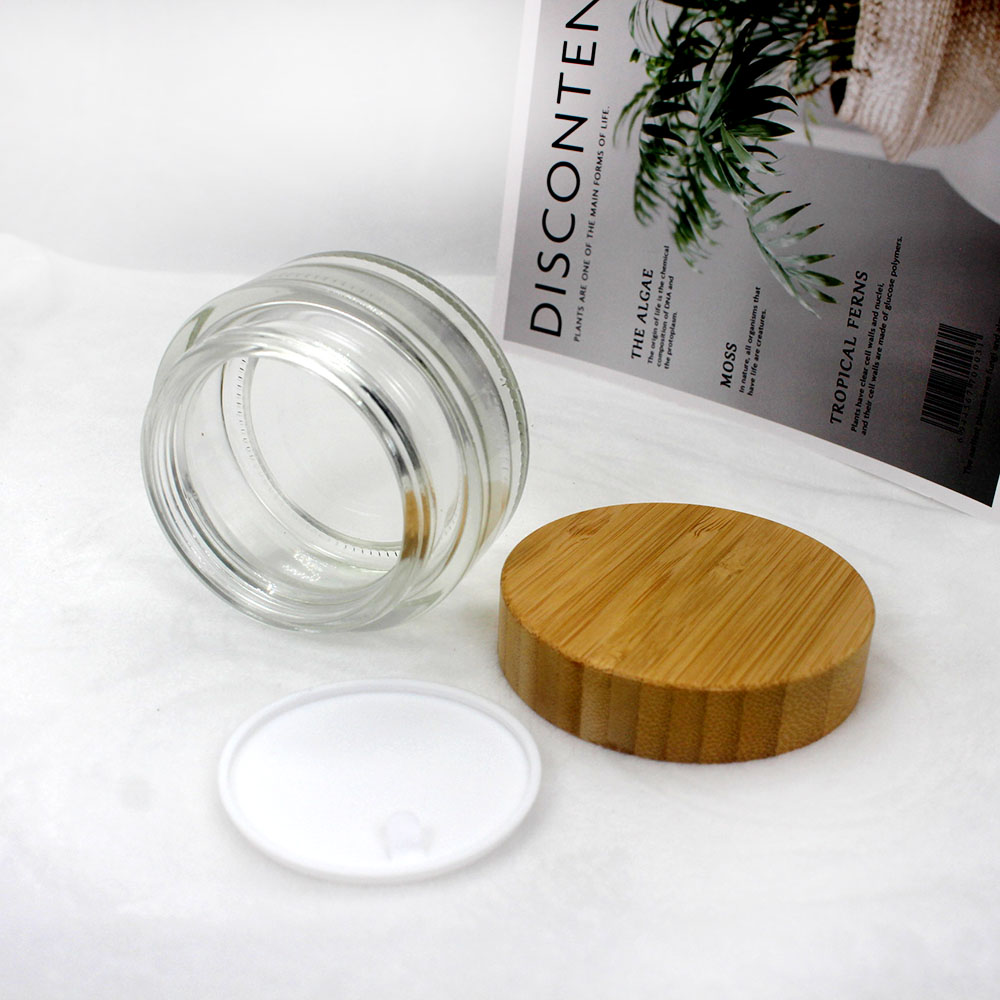 30g clear glass cream empty jar with environmentally friendly wood grain bamboo lid