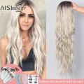 AISI BEAUTY Long Wavy Womens Wig Natural Part Side Hair Ombre Synthetic Wigs Platinum/Blonde/Black Wigs Heat Resistant for Women