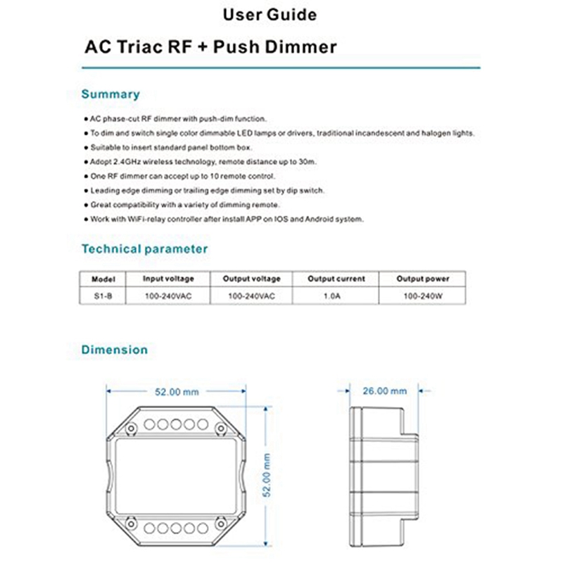 AC 110V - 220V S1-B Led Triac RF Dimmer Use 2.4GHz Wireless 120W-288W Push Dimmer LED Switch Controller