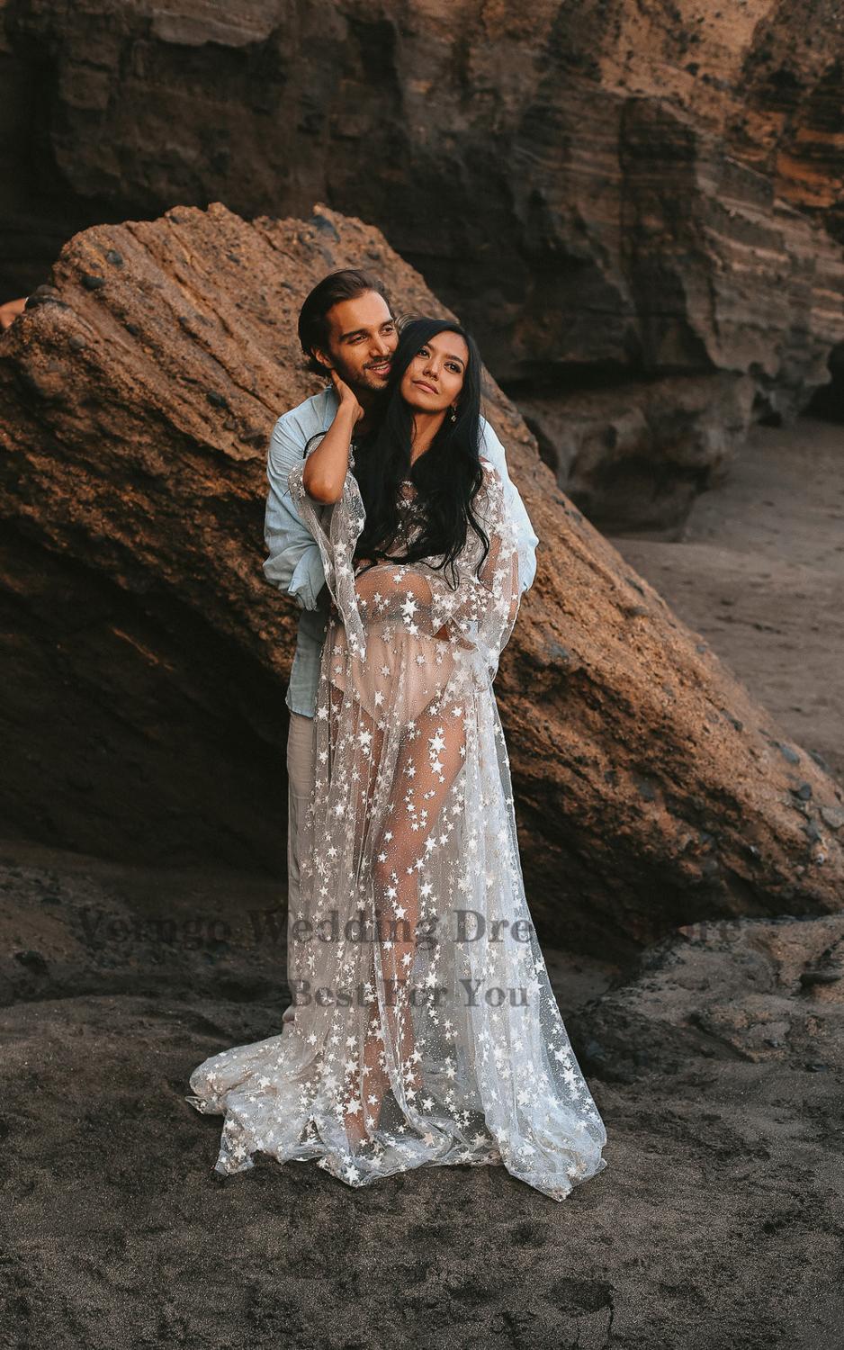 Verngo Sparkles Counting Stars Beach Wedding Dress Boho Lace Shine Beads Long Sleeves Modern Bohemian Bridal Gowns Glisten 2021