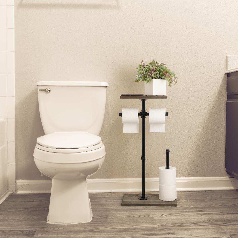 Standing Toilet Paper Holder with Reserve Wood Shelf