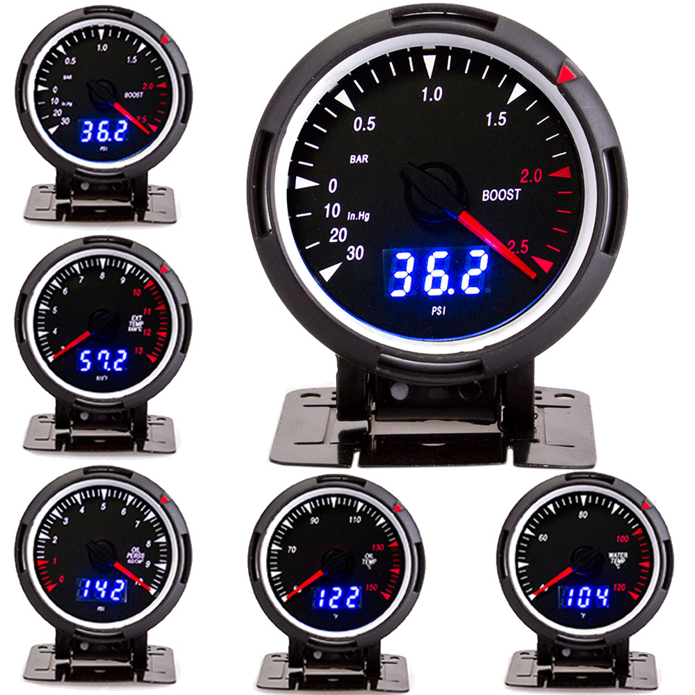 White Light Digital 60mm Turbo Boost Gauge Water Temperature Oil Temp Oil press Gauges ext Temp Auto Gauge Meter Sensor npt 1/8