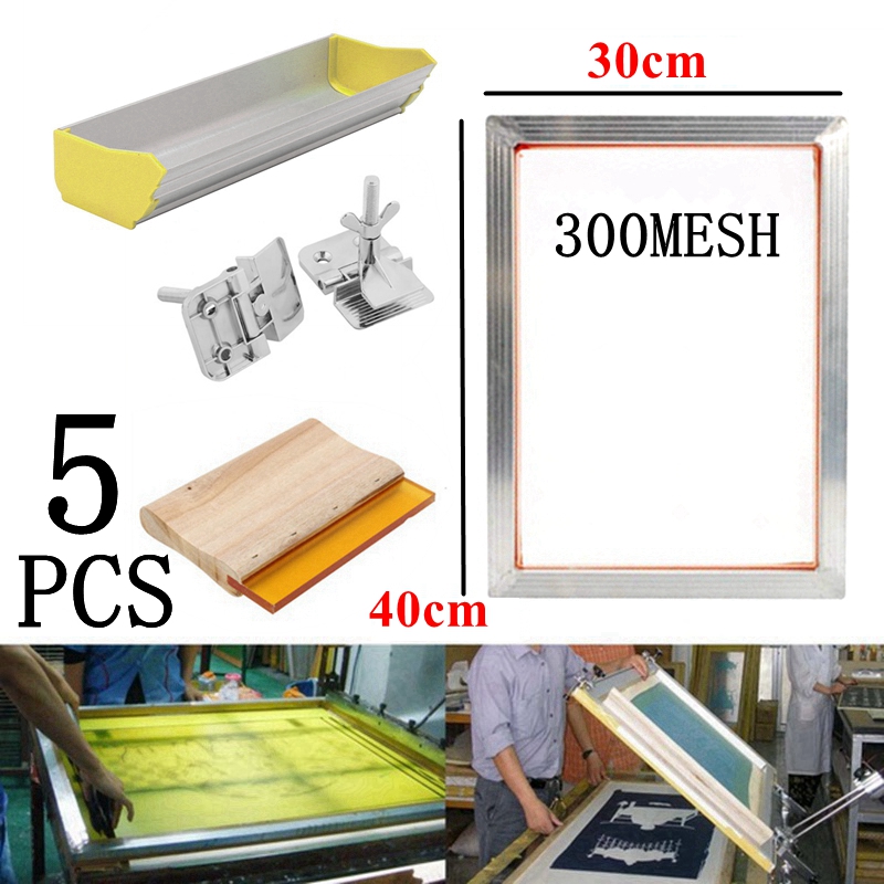 5Pcs/Set 40x30CM Screen Printing Kit 300M Silkscreen Aluminum Frame + Hinge Clamp + Emulsion Scoop Coater + Squeegee Tool Parts