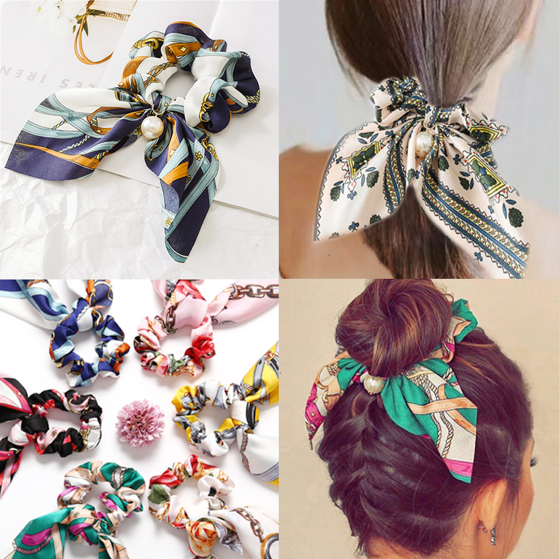 17KM Floral Pearl Hair Band Long Ribbon Bow Ponytail Scarf Hair Tie Scrunchies Women Girls Elastic Hair Bands Hair Accessories