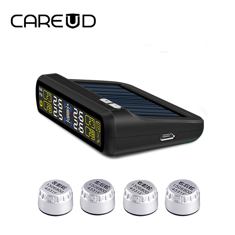 2017 CAREUD Solar Power TPMS Wireless Tire Pressure Monitoring System Car tyre Pressure Alarm System With LCD Color Display