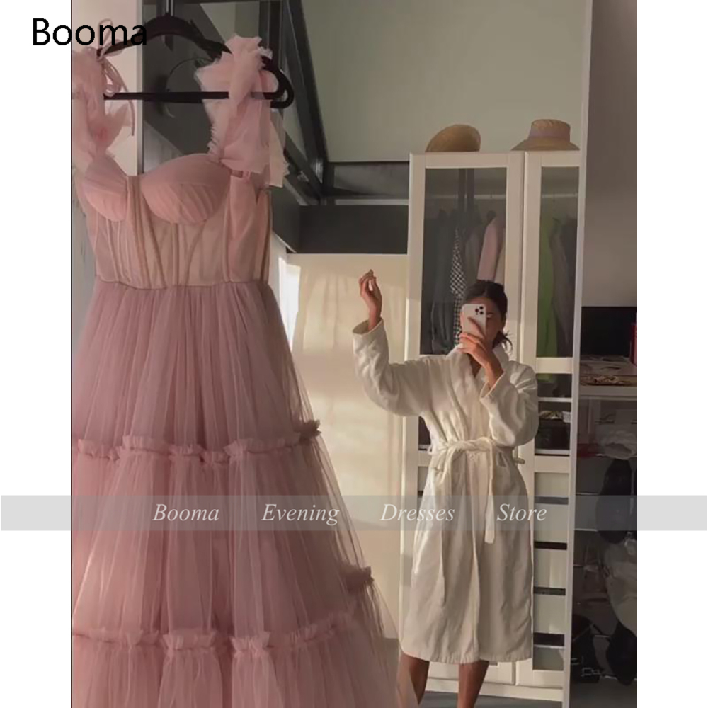 Booma Simple Pink Prom Dresses Spaghetti Straps Tiered Tulle Prom Gowns Exposed Boning A-Line Tea-Length Wedding Party Dresses