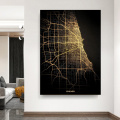 Chicago New York Washington City Map Poster Black Gold High-End Home Decorative Canvas Painting for Wall Decoration