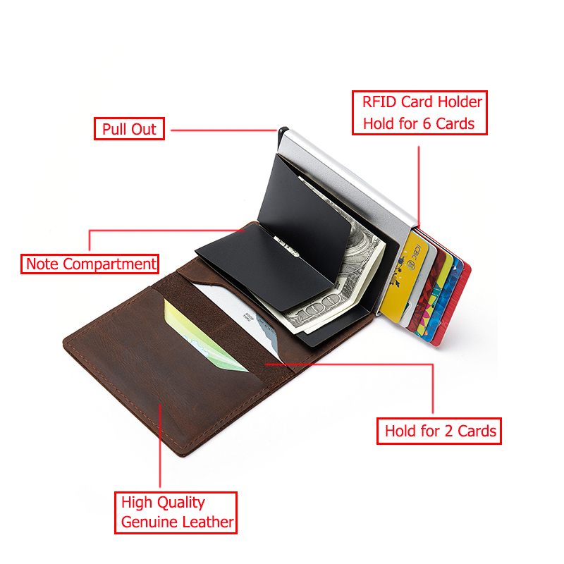 Zovyvol 2020 Genuine Leather Rfid Anti-Theft Credit Card Holder Aluminum Box Slim Clutch Pop-Up Smart Wallet For Business Men