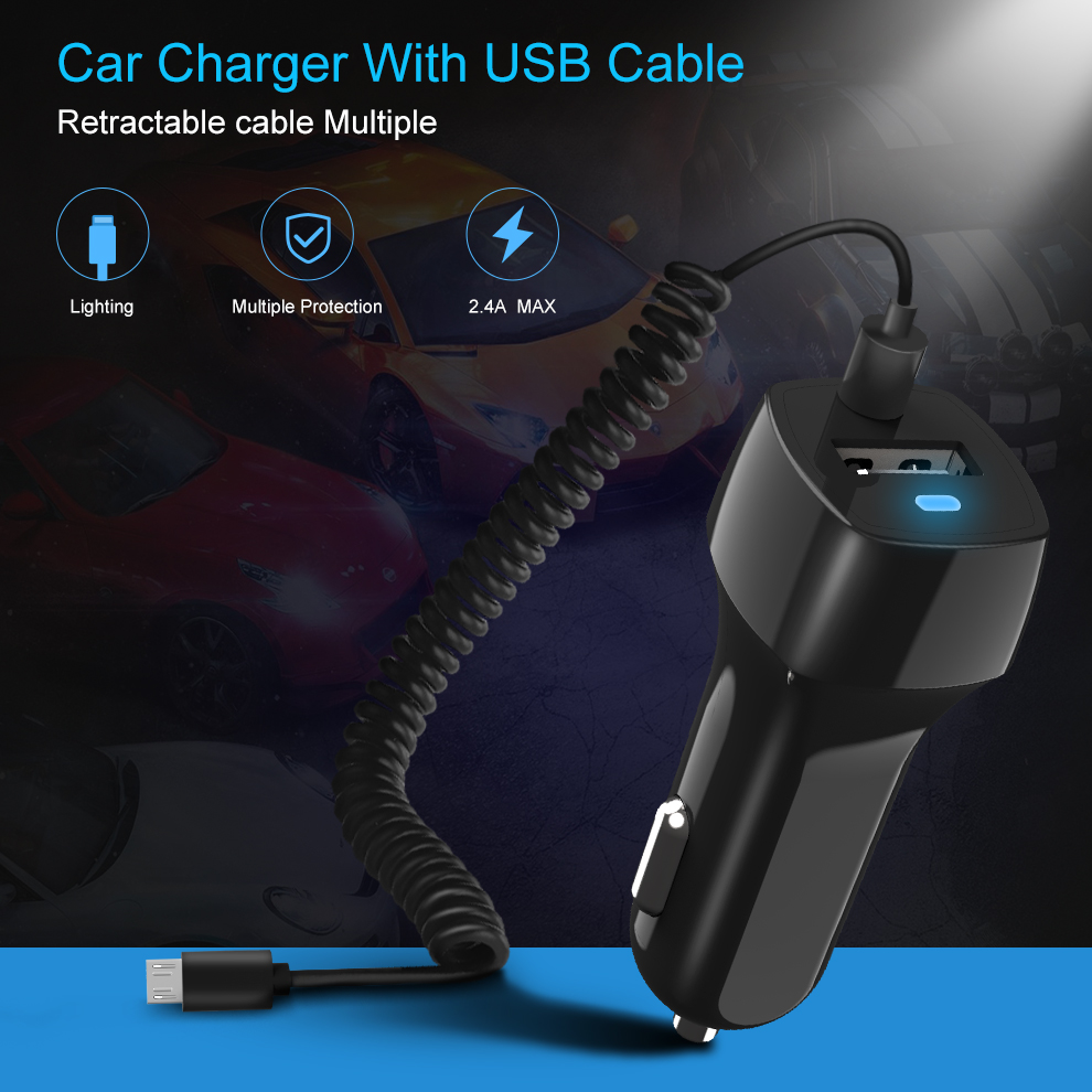 2 in 1 USB Car Charger With Cable For Samsung S10 S9 Type C Micro USB Cable Fast Car-Charger For Xiaomi iphone 11 Phone Charger