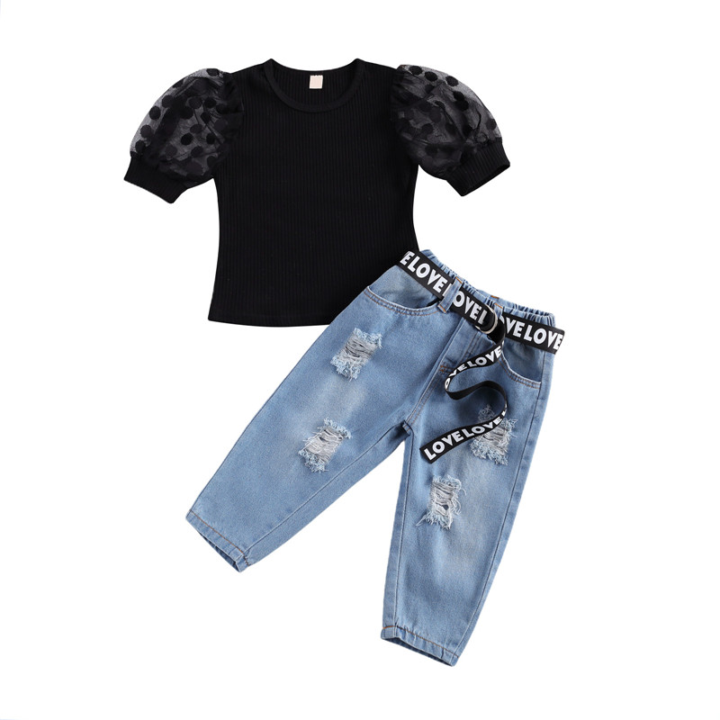 2-7Y Summer Girls Clothing Sets Fashion Children Girls Mesh Puff Sleeve T-shirts Tops+Ripped Hole Pants Jeans with Belt Outfits