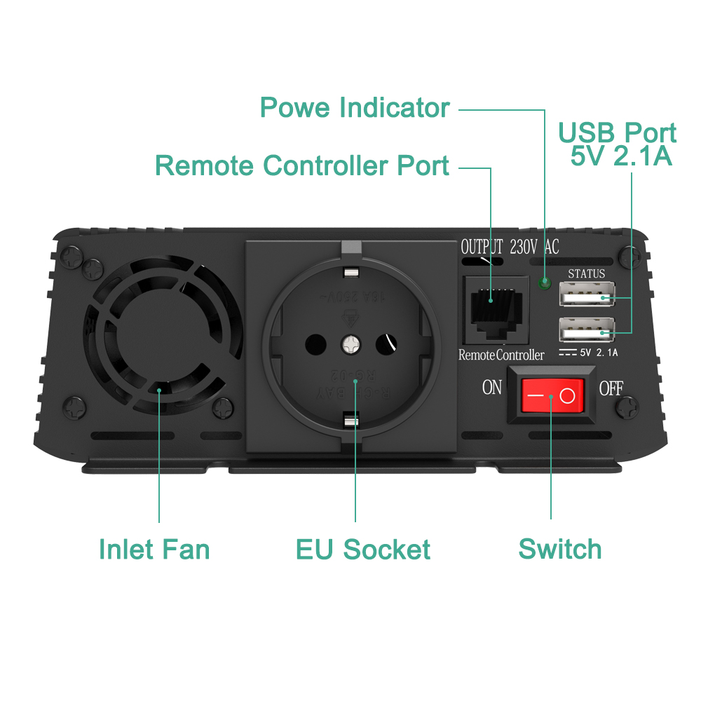 1500W Modified Sine Wave Car Power Inverter DC 12V AC 220V 230V Home Use Remote Control Solar Converter