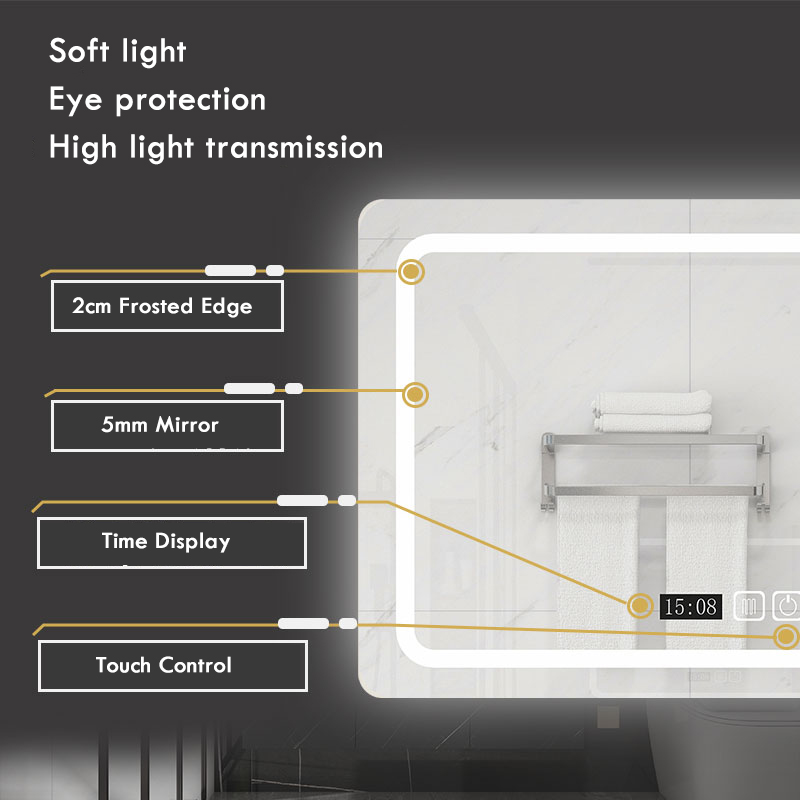 Rectangular Smart Demist Bathroom Mirror 3 Color Adjustable LED Multifunction LIght With Bluetooth Brightness Sensory Switch