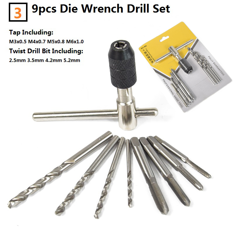 6/8/9pcs M3-M12 Tap Wrench Drill Set Hand Tapping Tools Metric Screw Thread Tap Twist Drill Bit Wrench Set