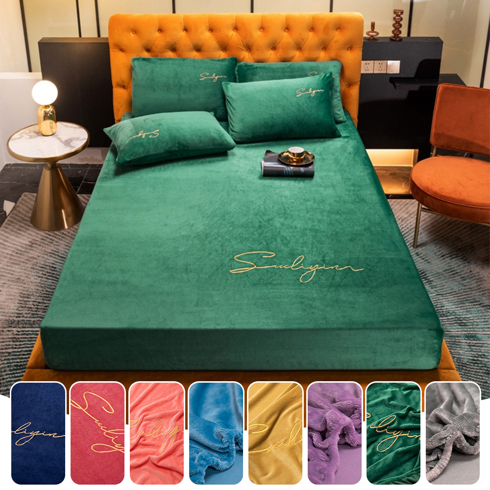1pcs Elastic Fitted Sheet Crystal Velvet Bed Linen Mattress Cover Solid Color Winter Warm Soft Full Double With Elastic Band