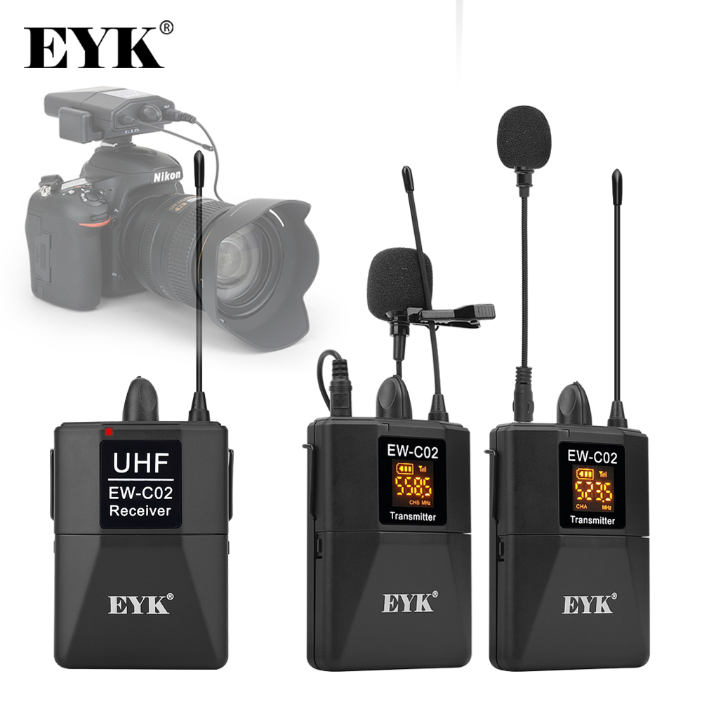 EYK EW-C02 30 Channel UHF Wireless Dual Lavalier Microphone System 60m Range for DSLR Camera Phone Interview Recording Lapel Mic