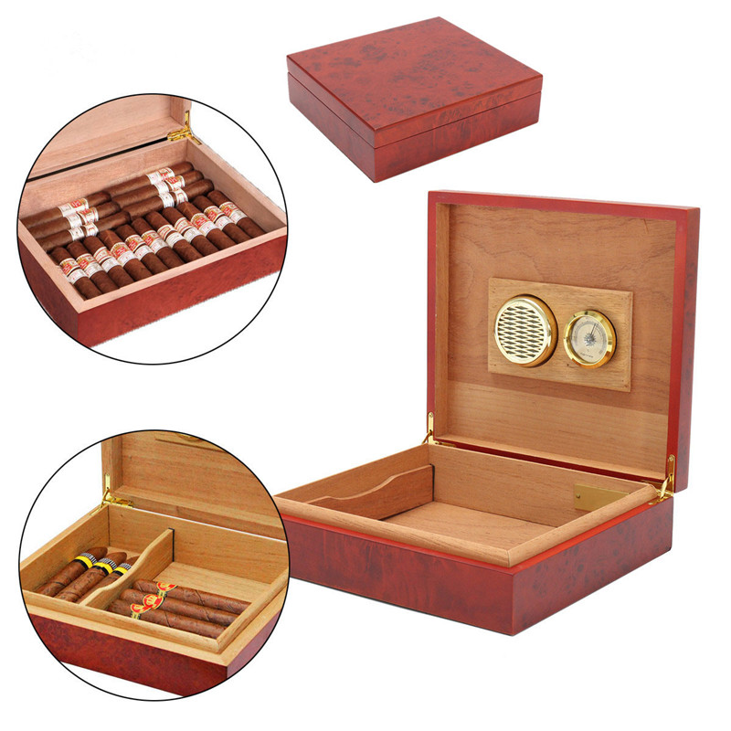 20 Count Brown Cedar Wood Lined Cigar Humidor Humidifier With Hygrometer Case Box with Moisture Meter Moisturizing Device