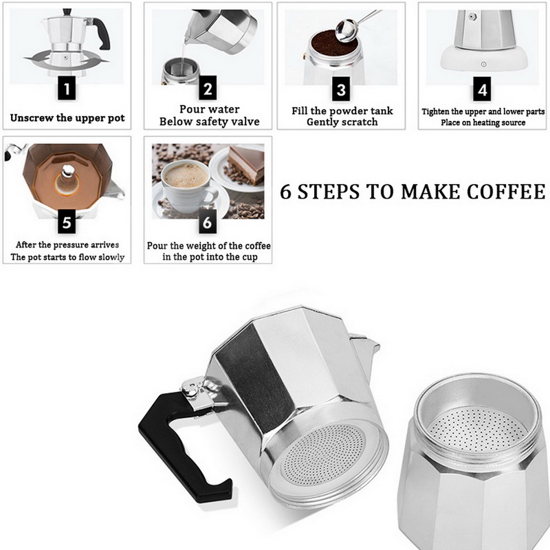 50/100/150/300/450/600ml Mocha Coffee Maker Portable Aluminum Percolator Home Office Mocha Pot Durable Espresso Maker#2