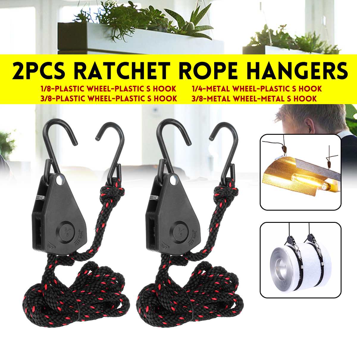 2Pcs Adjustable Light Lifters Hangers Rope Ratchet Lights Lifters Reflector Led Grow Zinc Alloy Ho Plastic Pulley