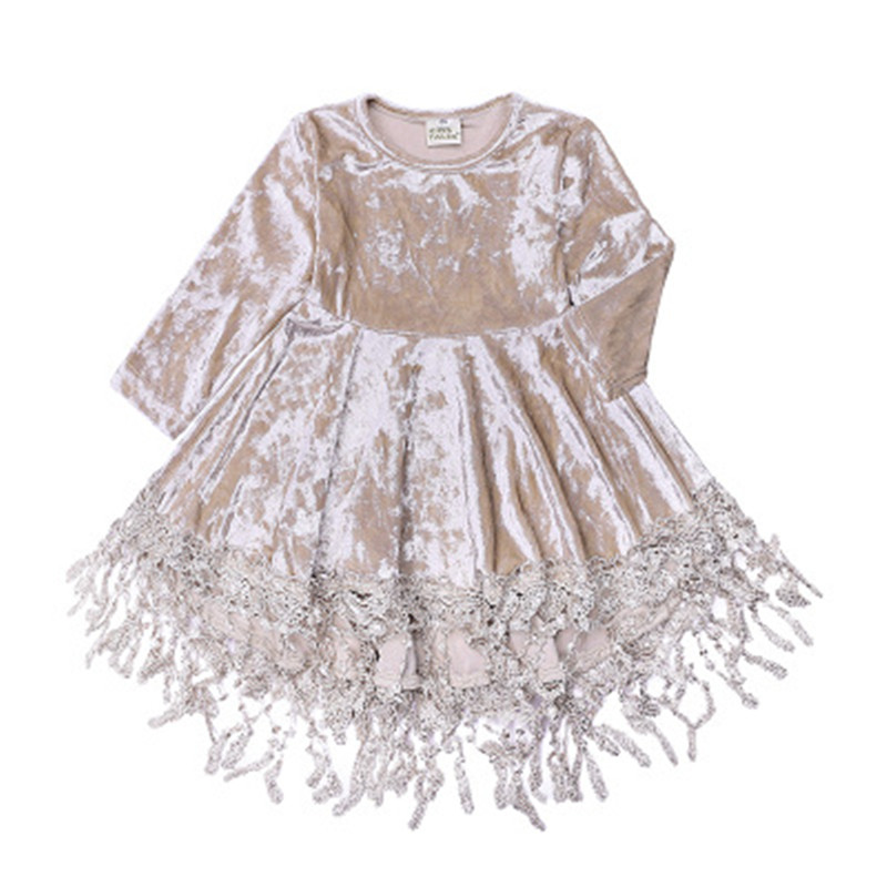 Baby Girls Princess Dresses Soft High Quality Golden Velvet Tassel Long Sleeves Children Dress Autumn Spring Kids Clothing