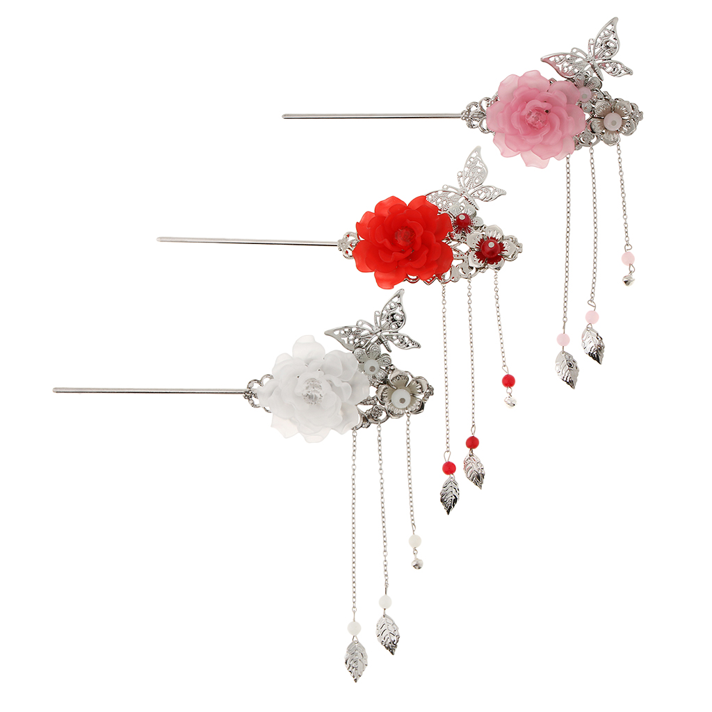 Ancient Chinese Japanese Styled Floral Hair Stick Hairpin Tassel Kanzashi Chignon Headpiece for Geisha Kimono Fancy Dress