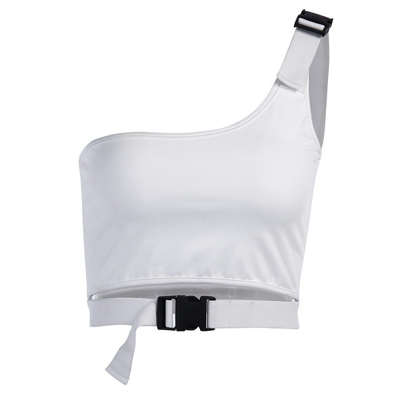 InstaHot Single Shoulder Buckle Cropped Top Summer Women Tank Tops Sleeveless White Backless Streetwear Ladies Top Sexy Club 202