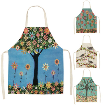1 Pcs Flower Tree Printed Cotton Linen Sleeveless Aprons Home Cleaning Kitchen Cooking Baking Apron For Women Men