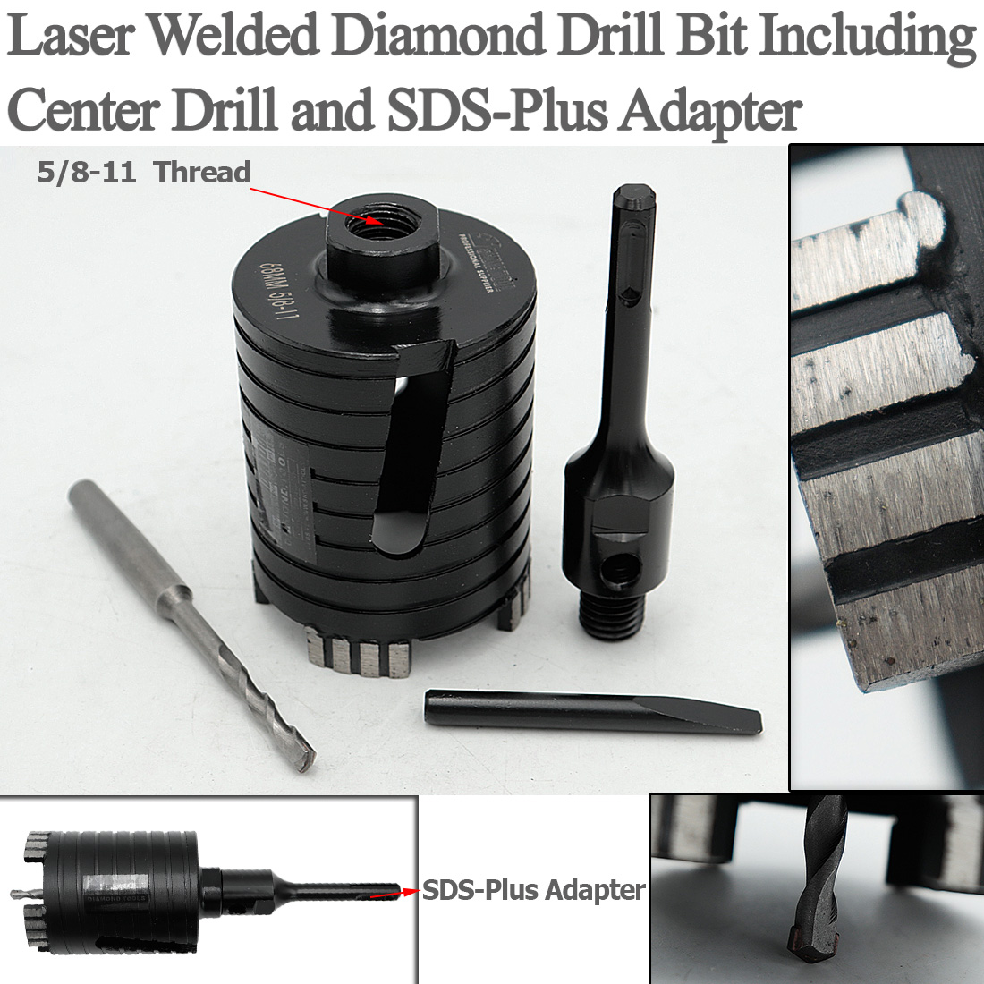 SHDIATOOL 2pcs Dia 68mm 5/8-11 Thread Laser Welded Diamond Core Drill Bit Including Center Drill and SDS-Plus Adapter