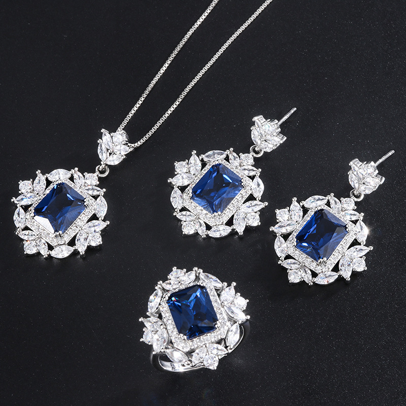 Wong Rain 100% 925 Sterling Silver Created Moissanite Sapphire Gemstone Earrings/Rings/Necklace Wedding Jewelry Sets Wholesale