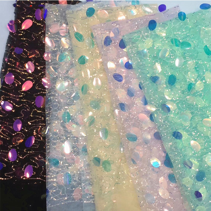Mermaid Iridescent Sparkly Party Tablecloth Embroidery Sequin Tulle Fabric Multicolor For Clothes Party Bride Shower Decoration