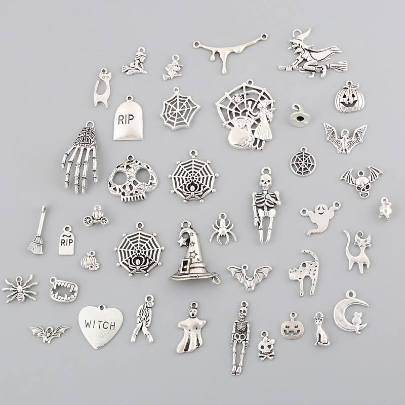 40pcs Mix Silver Color Halloween Pumpkin lantern Charms Witch Hat Ghost Pendants Collection DIY Handmade Jewelry Accessorie M222