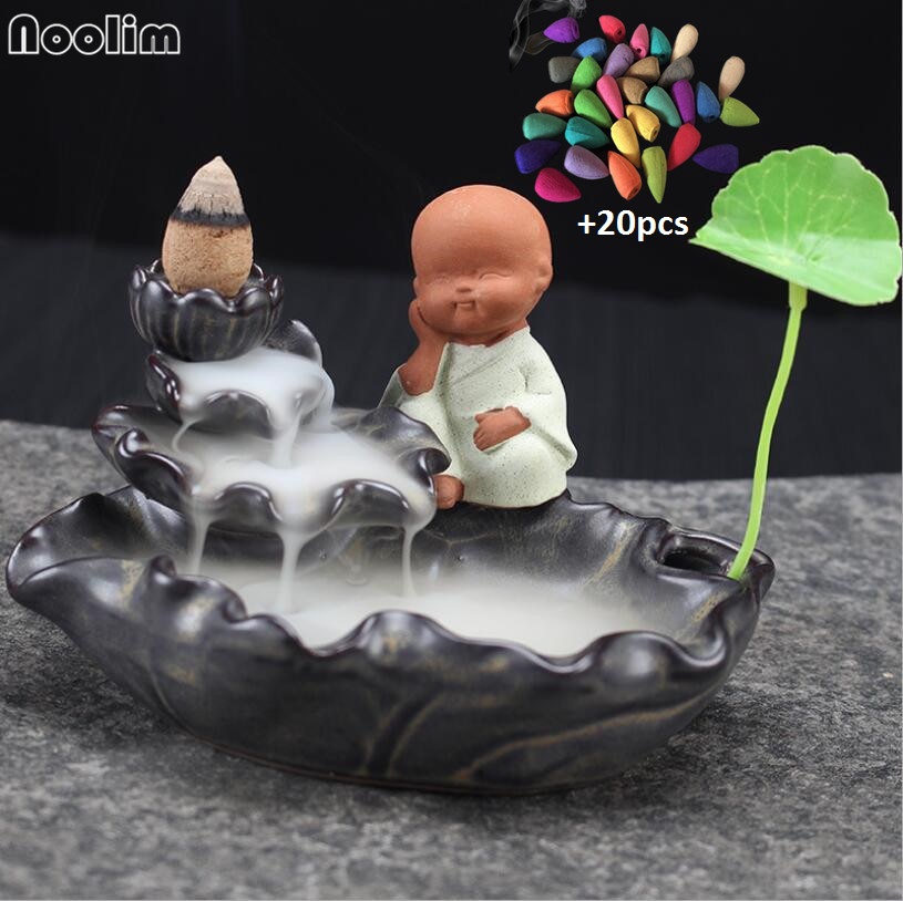 Creative Little Monk Backflow Incense Burner Home Dec Ceramic Cone Waterfall Incense Holder Buddhist Censer + 20pcs Cones