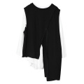 [EAM] Women Black Irreuglar Vent Stitch Big Size T-shirt New Round Neck Long Sleeve Fashion Tide Spring Autumn 2021 1DD0578