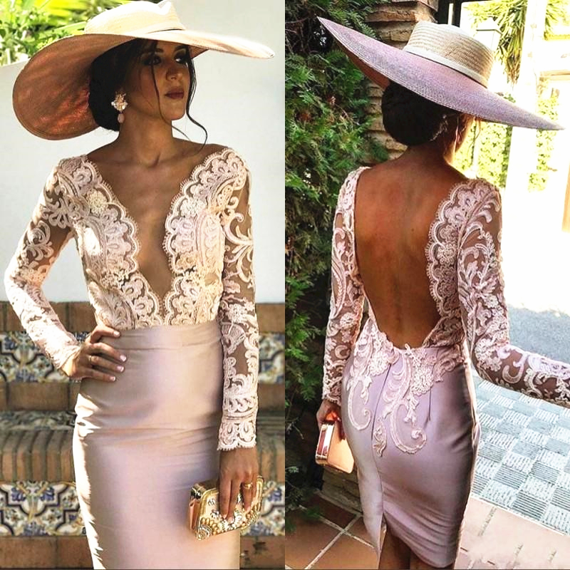 Short Mother of the Bride Dresses Knee Length Lace Long Sleeve Backless Women Fomal Occasion Wedding Cocktail Party Gowns