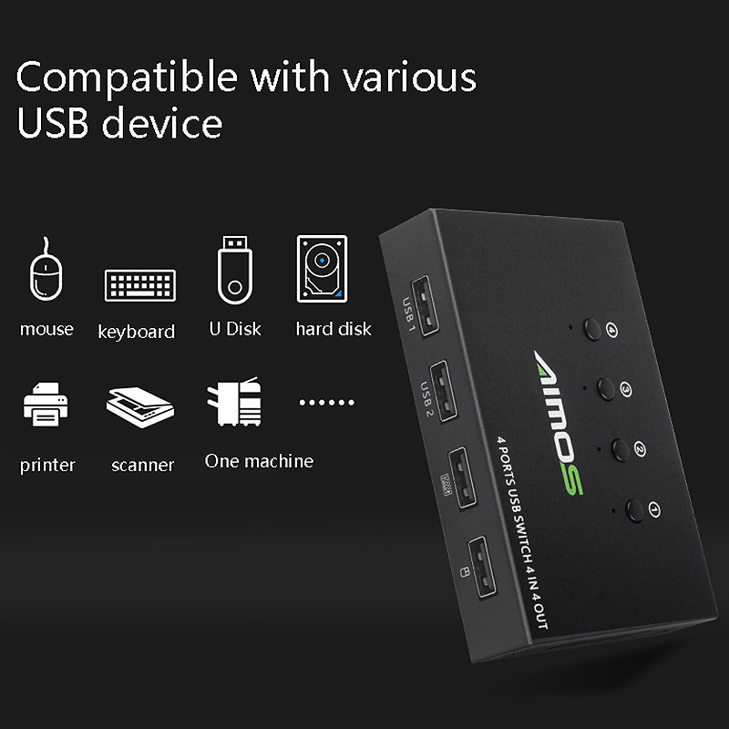 AIMOS USB Printer Sharing Device 4 in 4 Out KVM Switch for 4 Computers to Share A Set of Keyboard and Mouse USB 2.0 Converter