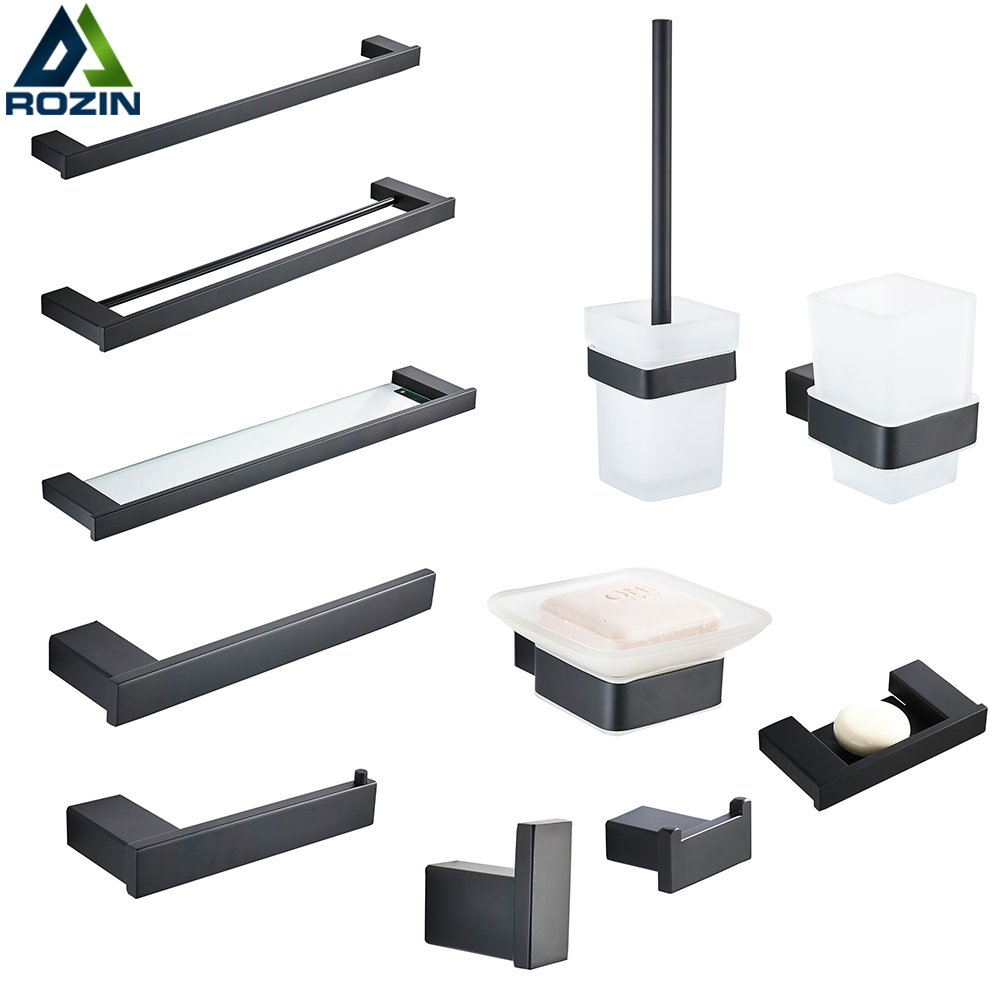 Rozin Bathroom Hardware Set Matte Black Paper Holder Towel Rail Rack Robe Hook Toilet Brush Holder Bathroom Accessories