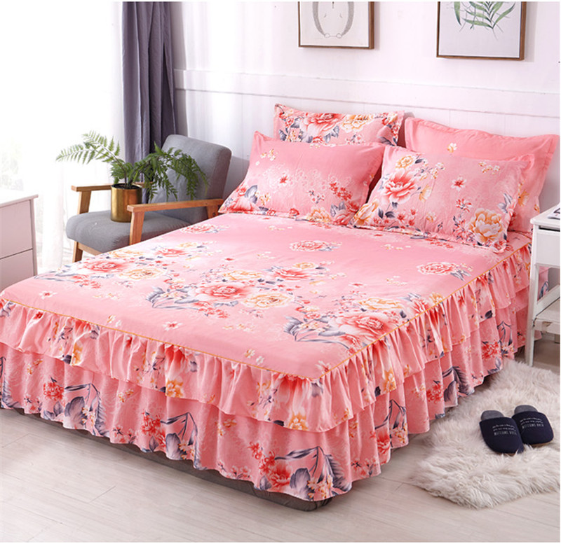3PCS Bed Skirt Flower Printed Fitted Sheet Cover Home Graceful Bedspread Bed Linens Bedroom Decor Mattress Cover Pillowcase