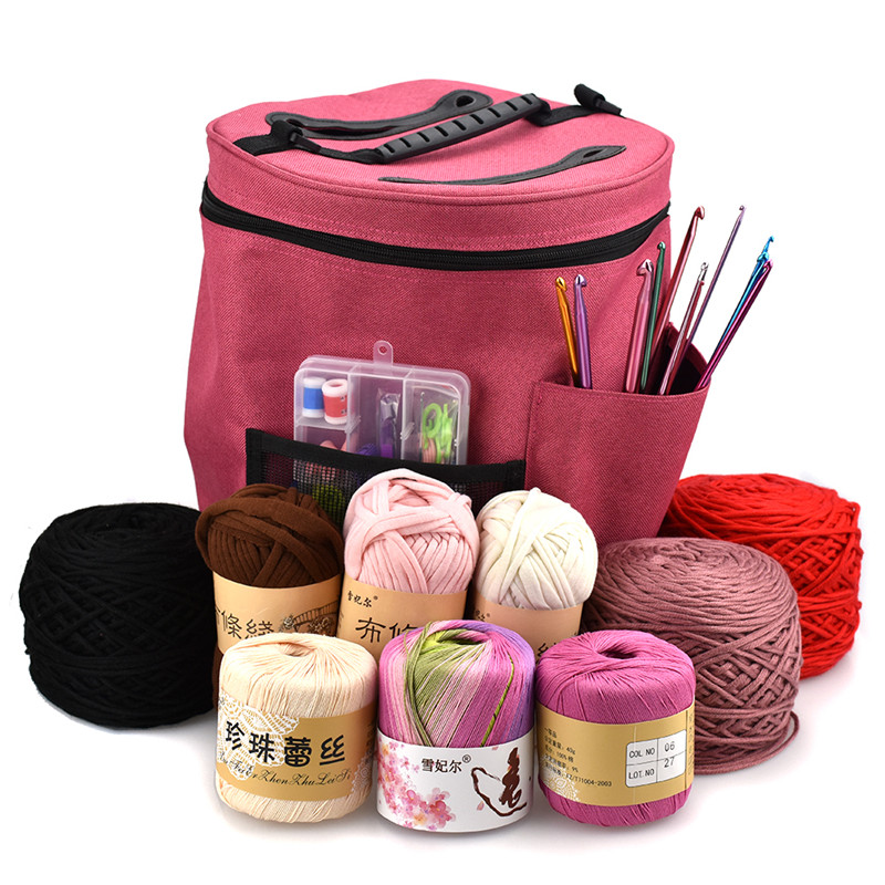 Knitting Yarn Storage Bag Bucket Sewing Kit Bag Yarn Drum Women's Crochet Hook Thread Pouch Round Knitting Crochet Tote Bag