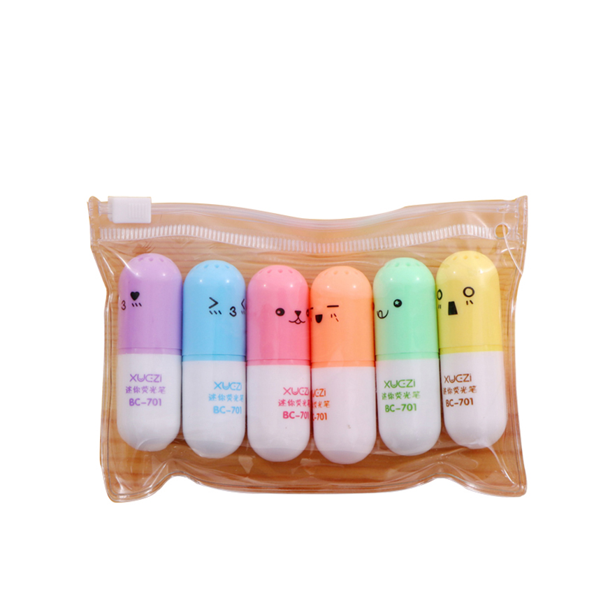 6pcs/set Cartoon Mini Highlighters Office Supplies Marker Pen Students Stationery Vitamin Pill Fluorescent Pens for Kids DIY