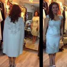 Tea Length Silver Mother of the Bride Dress with Cape Lace Sequins and Beads Plus Size Mother of the Groom Dress Godmother Dress