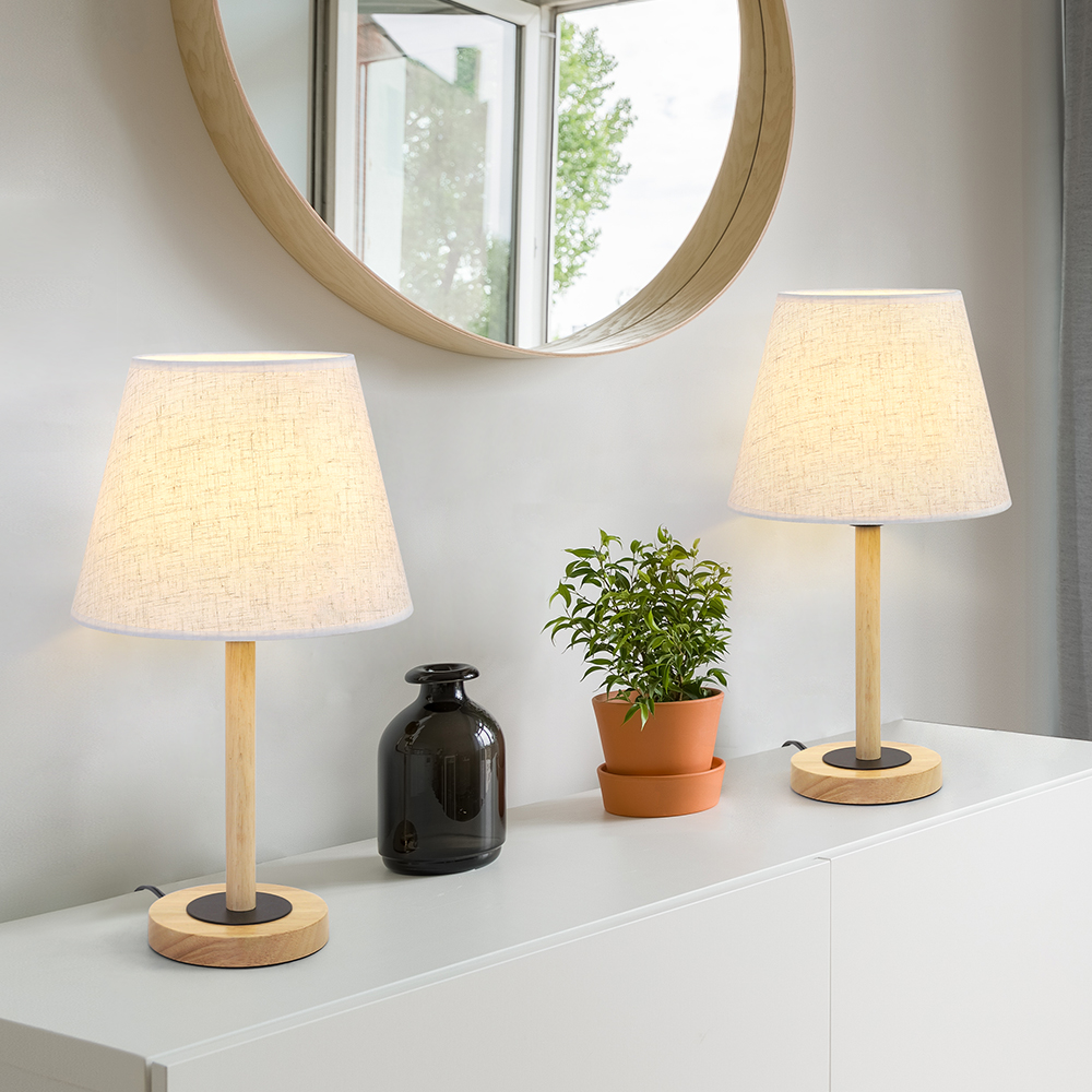 Wooden Base Table Lamp with Linen Lampshade