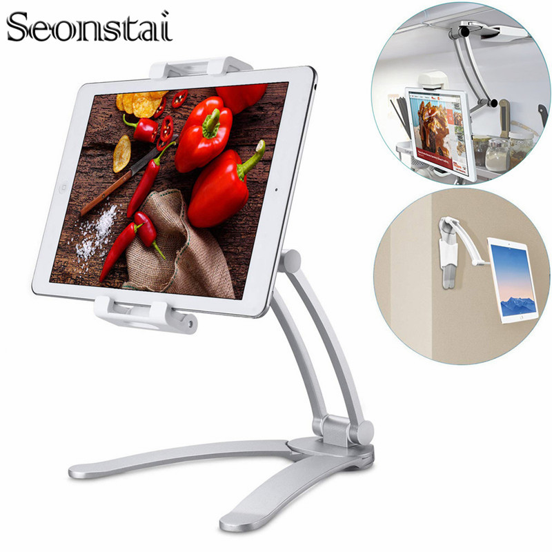 Wall Desk Tablet Mount Stand 2-in-1 Kitchen Wall Counter Desktop Mount recipe Stand For 5 to 10.5 Inch Width Tablet Metal Holder