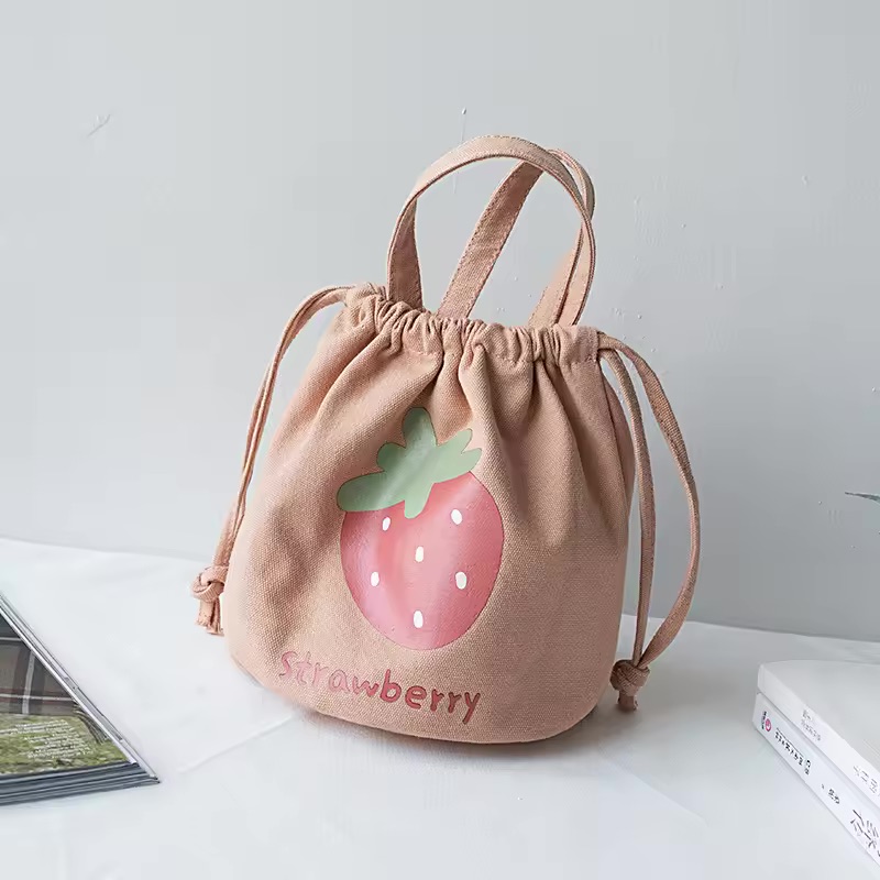 Mini Canvas Drawstring Bag Packaging Recycled Canvas Drawstring Bag Strawberry Pattern Kids Drawstring Bag Customized
