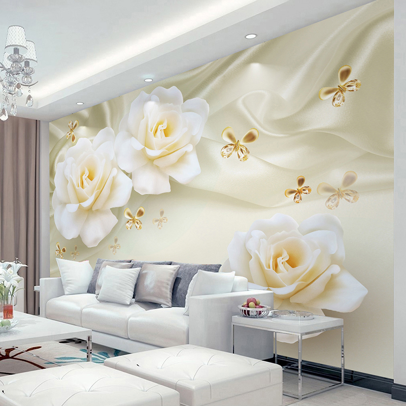 Custom Any Size 3D Wall Painting Rose Flower Butterfly Silk Non-woven Fabric Large Mural Wallpaper Living Room Sofa TV Backdrop